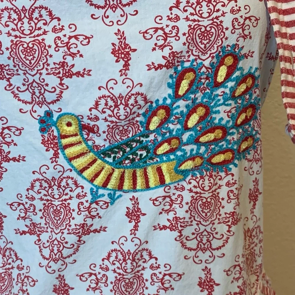 Sur La Table Peacock Embroidered Apron Red & White